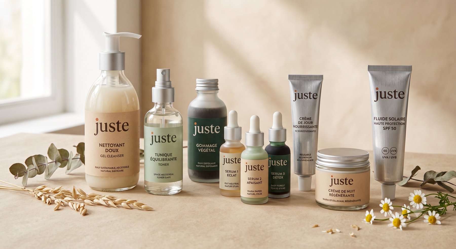 The full Juste range — cleansers, serums, creams and SPF.